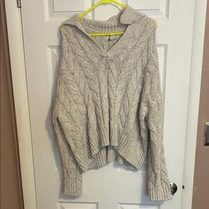 LOFT Light Gray V-Neck Cable Knit Sweater